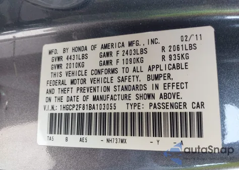 2011 Honda Accord 2.4 Ex-L z USA, uszkodzony, nr VIN 1HGCP2F81BA103055